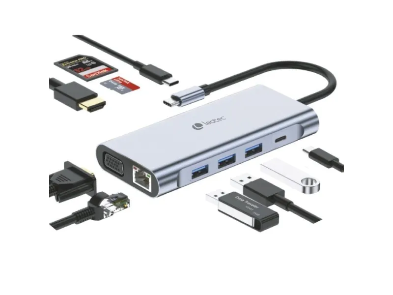 Docking USB Tipo-C Leotec LEDS01/ 3xUSB/ 2xUSB Tipo-C/ 1xUSB Tipo-C PD/ 1xHDMI 4K/ 1xVGA/ 1xRJ45/ 1xAudio/ 1xLector Tarjetas SD 