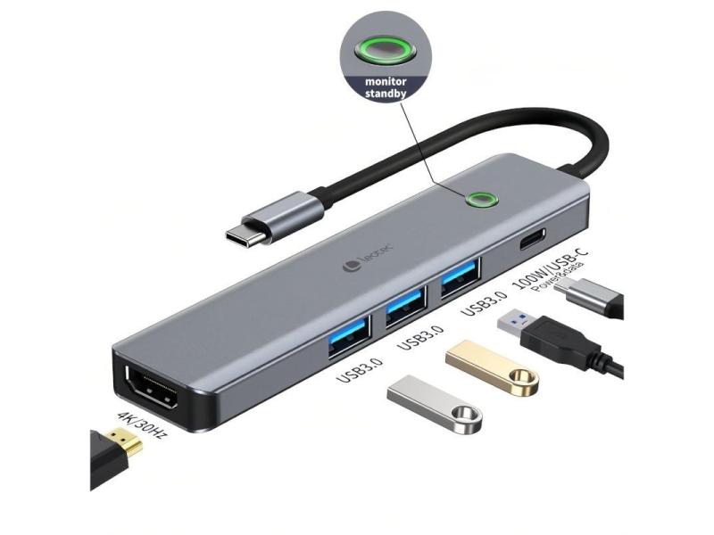 Docking USB Tipo-C Leotec LEDS05/ 3xUSB/ 1xUSB Tipo-C PD/ 1xHDMI/ Gris