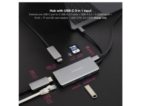 Docking Tipo-C Nanocable 10.16.1009/ 3xUSB/ 2xHDMI 4K/ 1xRJ45/ 1xLector tarjetas/ 1xUSB Tipo-C PD/ Gris