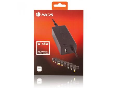 Cargador de Portátil NGS W-45W/ 45W/ Automático/ 8 Conectores/ Voltaje 19-20V/ 1 USB