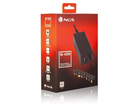 Cargador de Portátil NGS W-45W/ 45W/ Automático/ 8 Conectores/ Voltaje 19-20V/ 1 USB