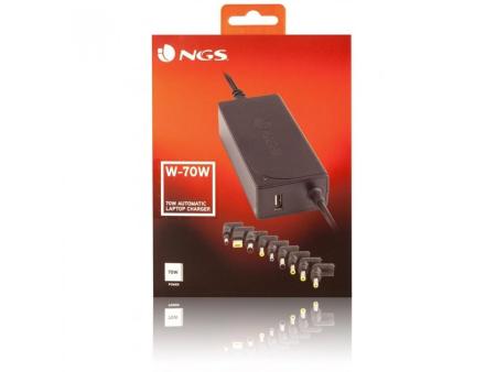 Cargador de Portátil NGS W-70W/ 70W/ Automático/ 9 Conectores/ Voltaje 18.5-20V/ 1 USB