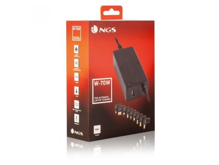 Cargador de Portátil NGS W-70W/ 70W/ Automático/ 9 Conectores/ Voltaje 18.5-20V/ 1 USB