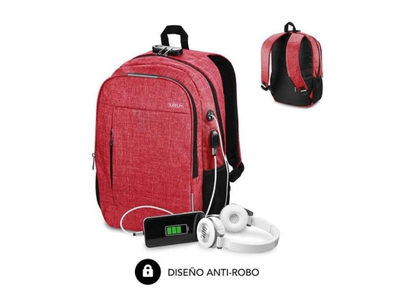 Mochila Subblim Urban Lock para Portátiles hasta 16'/ Puerto USB/ Antirrobo/ Rojo