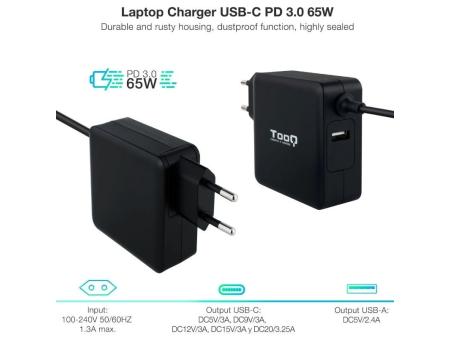 Cargador de Portátil TooQ TQLC-USBC65PD USB Tipo-C/ 65W/ Automático/ Voltaje 5-20V/ 1x USB