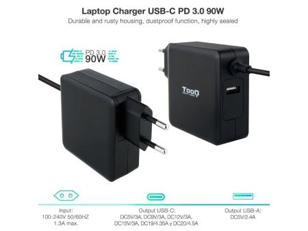 Cargador de Portátil TooQ TQLC-USBC90PD USB Tipo-C/ 90W/ Automático/ Voltaje 5-20V/ 1x USB Tipo-C