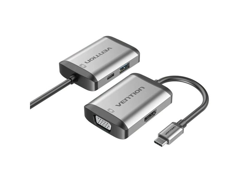 Conversor Vention TFAHB/ 1xUSB/ 1xHDMI/ 1xVGA/ 1xUSB Tipo-C PD/ 15cm/ Gris