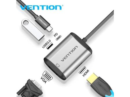 Conversor Vention TFAHB/ 1xUSB/ 1xHDMI/ 1xVGA/ 1xUSB Tipo-C PD/ 15cm/ Gris