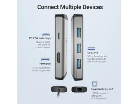 Docking USB Tipo-C Vention CNCHB/ 1xHDMI/ 3xUSB/ 1xUSB Tipo-C PD/ 1xRJ45/ Gris