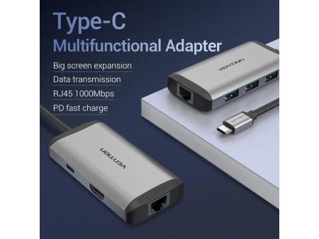 Docking USB Tipo-C Vention CNCHB/ 1xHDMI/ 3xUSB/ 1xUSB Tipo-C PD/ 1xRJ45/ Gris