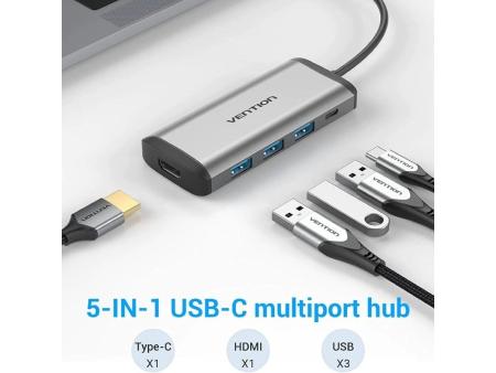 Docking USB Tipo-C Vention CNBHB/ 1xHDMI/ 3xUSB/ 1xUSB Tipo-C PD/ Gris