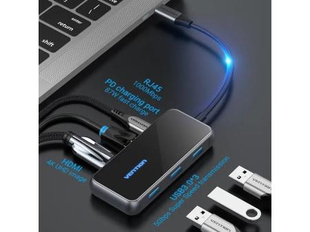 Docking USB Tipo-C Vention TFFHB/ 1xHDMI 4K/ 3xUSB/ 1xRJ45/ 1xUSB Tipo-C PD/ Gris