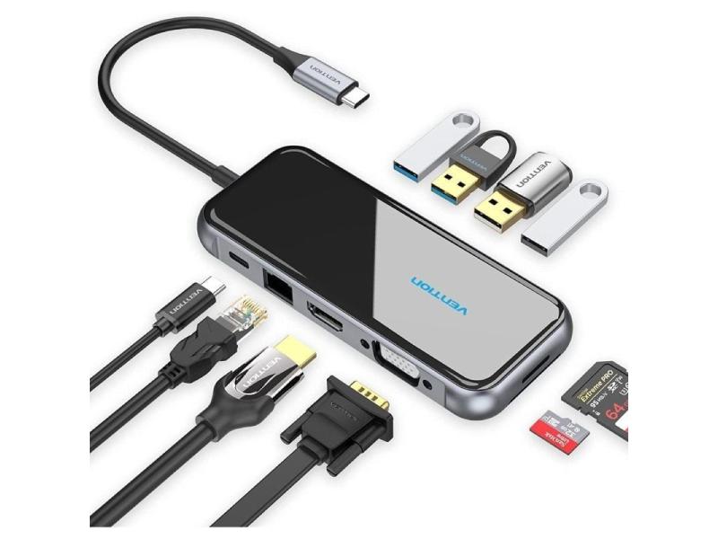 Docking USB Tipo-C Vention TFGHB/ 1xVGA/ 1xHDMI/ 4xUSB/ 1xUSB Tipo-C PD/ 1xRJ45/ 1xLector Tarjetas SD/ Gris