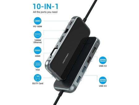 Docking USB Tipo-C Vention TFGHB/ 1xVGA/ 1xHDMI/ 4xUSB/ 1xUSB Tipo-C PD/ 1xRJ45/ 1xLector Tarjetas SD/ Gris