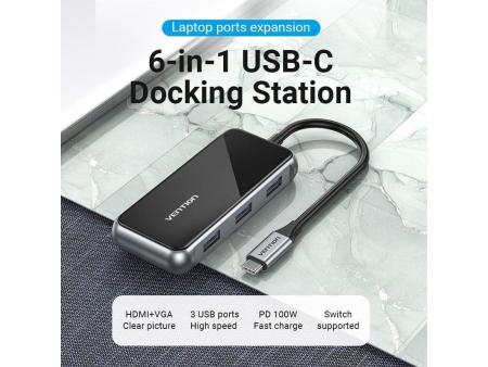 Docking USB Tipo-C Vention TFJHB/ 1xHDMI 4K/ 3xUSB/ 1xVGA/ 1xUSB Tipo-C PD/ Gris