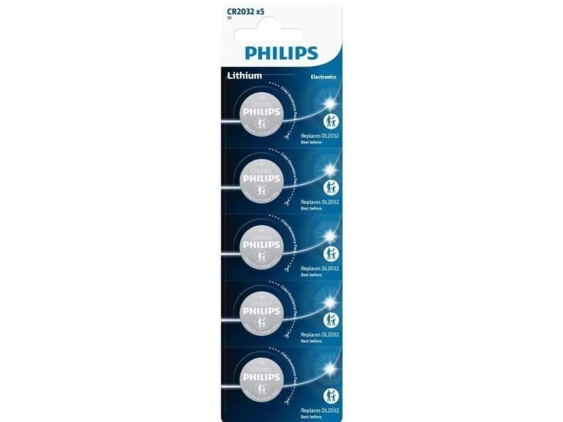 Pack de 5 Pilas de Botón Philips CR2032P5/01B Lithium/ 3V