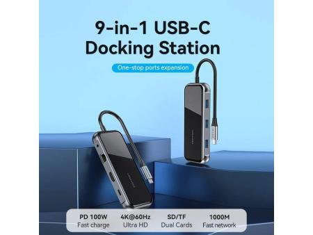 Docking USB Tipo-C Vention TFLHB/ 1xHDMI 4K/ 3xUSB/ 1xRJ45/ 1xLector de Tarjetas/ 1xTRRS 3.5/ 1xUSB Tipo-C PD/ Gris