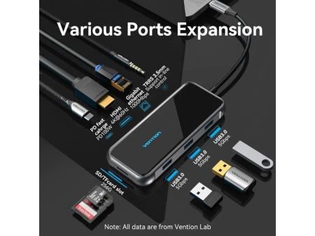 Docking USB Tipo-C Vention TFLHB/ 1xHDMI 4K/ 3xUSB/ 1xRJ45/ 1xLector de Tarjetas/ 1xTRRS 3.5/ 1xUSB Tipo-C PD/ Gris