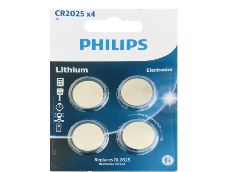 Pack de 4 Pilas de Botón Philips CR2025 Lithium/ 3V