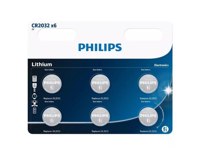 Pack de 6 Pilas de Botón Philips CR2032/ 3V