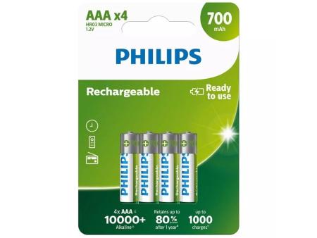 Pack de 4 Pilas AAA Philips R03B4A70/10/ 1.2V/ Recargables