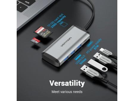 Docking USB Tipo-C Vention TGRHB/ 3xUSB/ 1xLector Tarjetas/ 1xUSB Tipo-C PD/ Gris