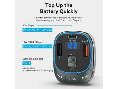 Transmisor FM/ MP3/ Bluetooth Vention FFLB0/ 1xUSB-Tipo C/ 2xUSB/ 30W