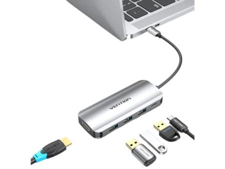 Docking USB Tipo-C Vention THFHB/ 1xHDMI 4K/ 3xUSB/ 1xUSB Tipo-C PD/ Gris