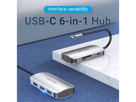 Docking USB Tipo-C Vention TNHHB/ 3xUSB/ 1xUSB Tipo-C PD/ 1xLector Tarjetas SD y MicroSD/ Gris