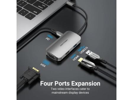 Docking USB Tipo-C Vention TOAHB/ 1xHDMI/ 1xVGA/ 1xUSB/ 1xUSB Tipo-C PD/ Gris