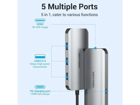Docking USB Tipo-C Vention TODHB/ 1xHDMI/ 3xUSB/ 1xUSB Tipo-C PD/ Gris