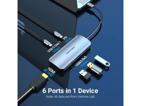 Docking USB Tipo-C Vention TOFHB/ 1xHDMI/ 3xUSB/ 1xUSB Tipo-C/ 1xUSB Tipo-C PD