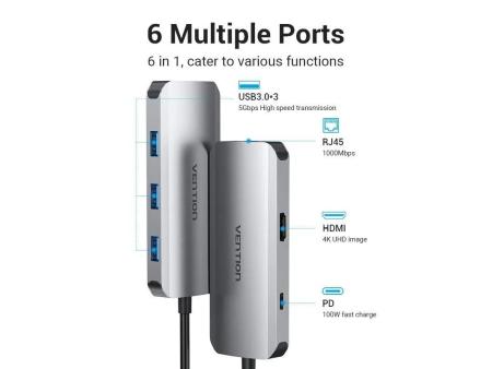 Docking USB Tipo-C Vention TOHHB/ 1xHDMI/ 3xUSB/ 1xRJ45/ 1xUSB Tipo-C PD