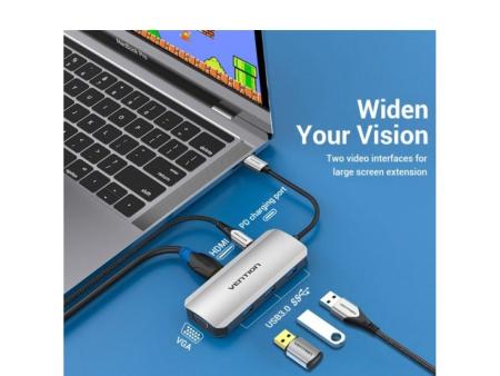 Docking USB Tipo-C Vention TOIHB/ 1xHDMI/ 1xVGA/ 3xUSB/ 1xUSB Tipo-C PD/ Gris