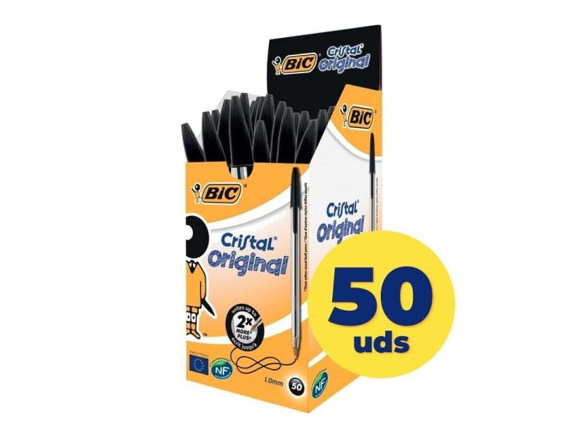 Caja de Bolígrafos de Tinta de Aceite Bic Cristal Original 8373639/ 50 unidades/ Negros