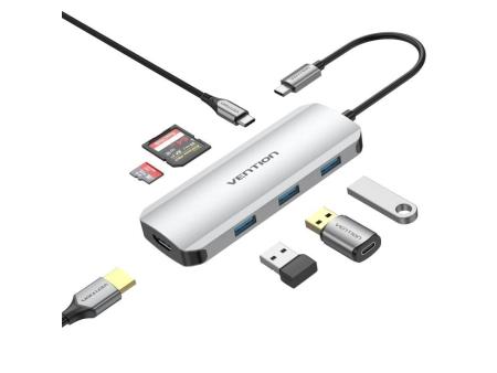 Docking USB Tipo-C Vention TOJHB/ 1xHDMI/ 3xUSB/ 1xUSB Tipo-C/ 1xLector tarjetas/ Gris