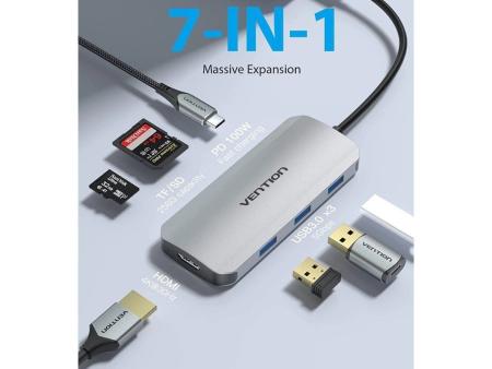 Docking USB Tipo-C Vention TOJHB/ 1xHDMI/ 3xUSB/ 1xUSB Tipo-C/ 1xLector tarjetas/ Gris