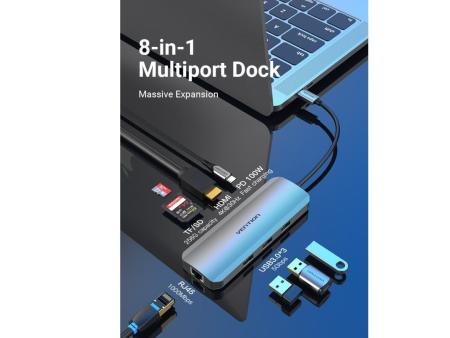 Docking USB Tipo-C Vention TOKHB/ 1xHDMI/ 3xUSB/ 1xUSB Tipo-C PD/ 1xRJ45/ 1xLector Tarjetas SD y MicroSD/ Gris