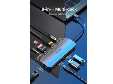 Docking USB Tipo-C Vention TOMHB/ 1xHDMI/ 2xUSB/ 1xUSB Tipo-C/ 1xUSB Tipo-C PD/ 1xRJ45/ 1xLector Tarjetas SD y MicroSD/ Jack 3.5