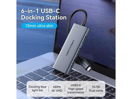 Docking USB Tipo-C Vention TOOHB/ 1xHDMI/ 3xUSB/ 1xLector Tarjetas SD y MicroSD/ Gris