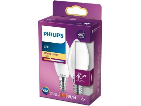 Bombilla Led Philips LED Classic/ Casquillo E14/ 4.3W/ 470 Lúmenes/ 2700K/ Pack de 2 Uds