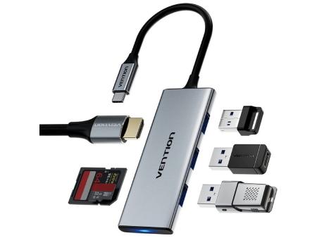 Docking USB Tipo-C Vention TOPHB/ 1xHDMI/ 3xUSB/ 1xLector Tarjetas SD y MicroSD/ Gris