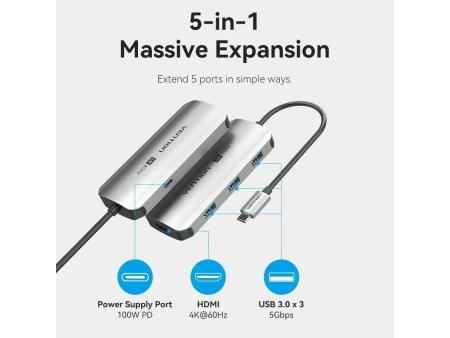 Docking USB Tipo-C Vention TQDHB/ 1xHDMI 4K/ 3xUSB/ 1xUSB Tipo-C PD/ Gris