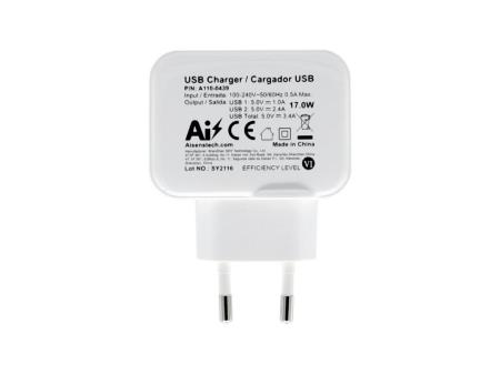 Cargador de Pared Aisens A110-0439/ 2xUSB/ 17W