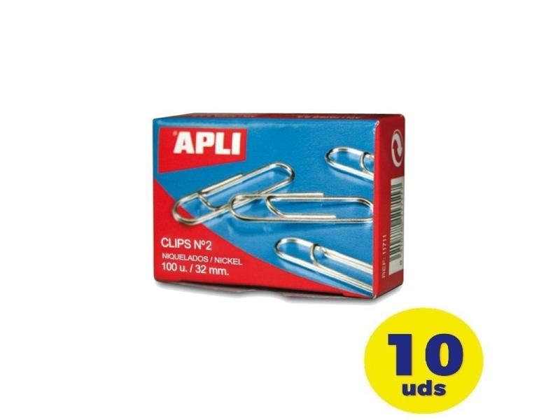 Pack de 10 cajas de 100 Clips Nº2 Apli 11714/ Plata