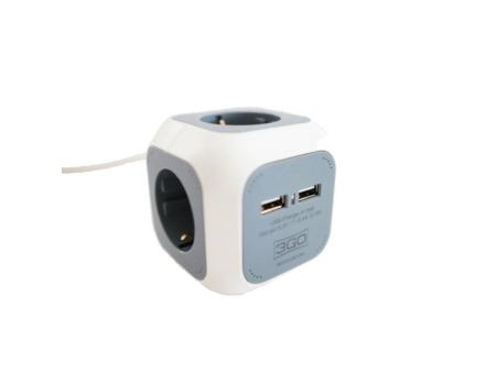 Regleta 3GO REG4CUBEUSB/ 4 Tomas de corriente/ 2 USB/ Cable 1.4m/ Blanca y Gris