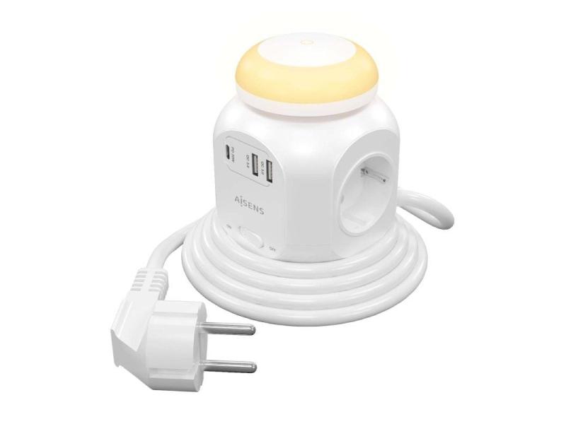 Regleta con Interruptor y Luz Nocturna Aisens ASPS-2A1CLPQ02-W/ 4 Tomas de Corriente/ 1 USB Tipo-C PD/ 2 USB/ Cable 1.8m/ Blanco