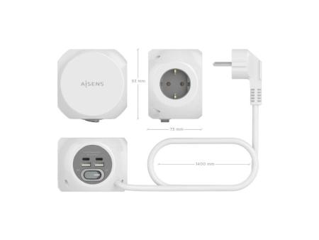 Regleta con Interruptor Aisens ASPS-2A2C04-W/ 3 Tomas de Corriente/ 2 USB Tipo-C/ 2 USB/ Cable 1.4m/ Blanco