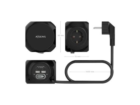 Regleta con Interruptor Aisens ASPS-2A2C05-BK/ 3 Tomas de Corriente/ 2 USB Tipo-C/ 2 USB/ Cable 1.4m/ Negro