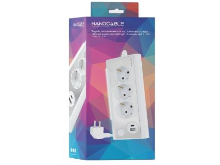 Regleta con Interruptor Nanocable 10.37.0013-W/ 3 Tomas de Corriente/ 1 USB/ 1 USB Tipo-C/ Cable 1.5m/ Blanca